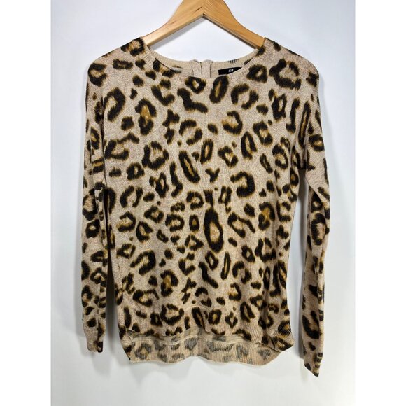 H&M Sweater Top S Leopard Print Tunic Rib Knit Zip Back Long Sleeve Wool Blend - Picture 1 of 7